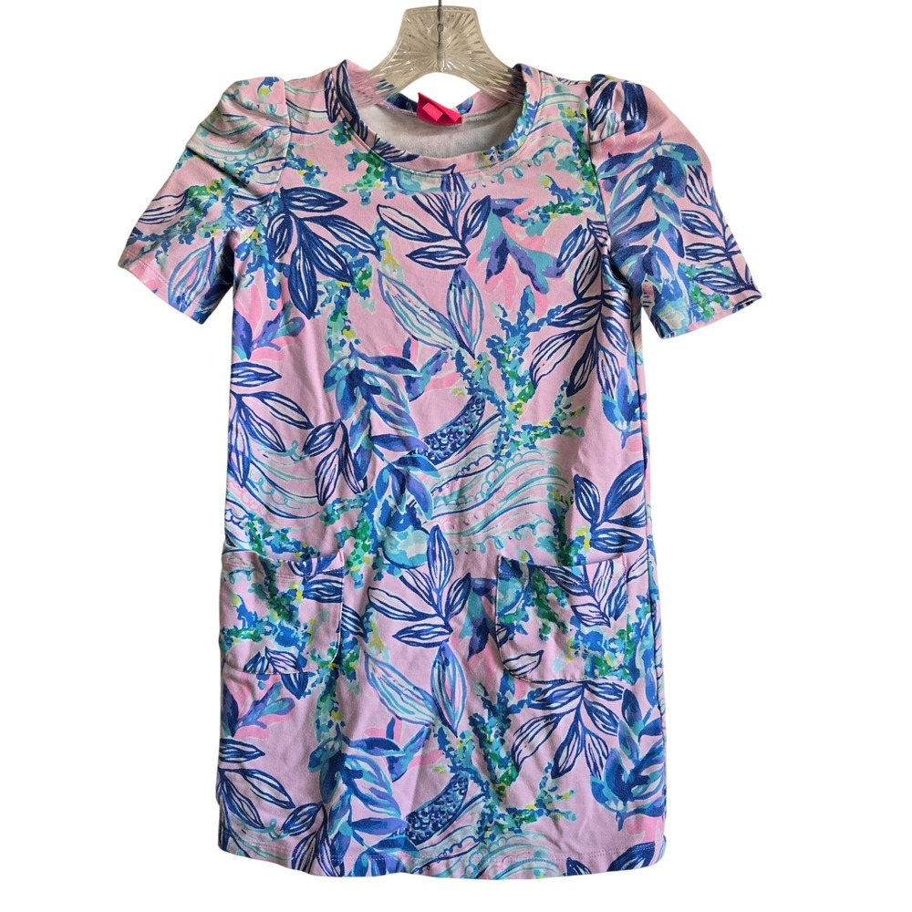 Lilly Pulitzer M 6-7 Shift Dress Girls‎ Pink Blue Floral Excellent Puff Sleeve
